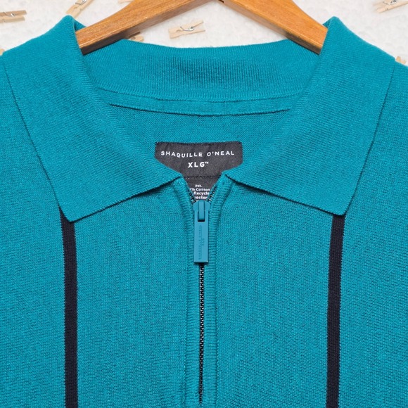 Shaquille‎ O'Neal Mens Polo Shirt XLG Teal Black Striped Short Sleeve Zip - Picture 5 of 12